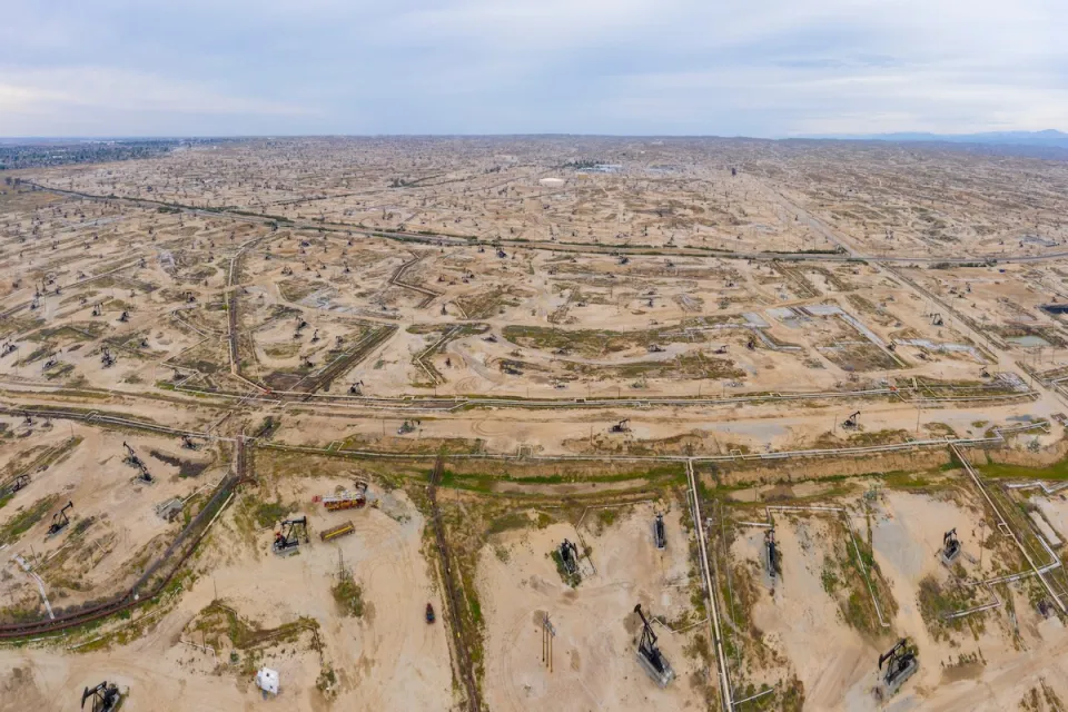 Aerial view of oil fields in Kern County, California.